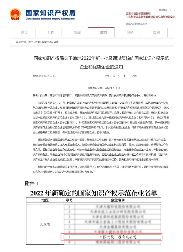 中国天辰工程有限公司获评“国家知识产权示范企业”